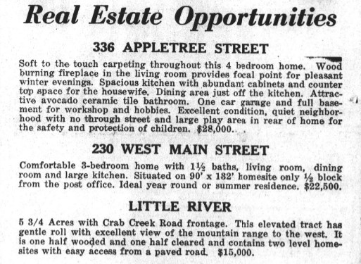 Newspaper advertisement: real estate for sale in 1973, including 4 bedroom home for $28,000