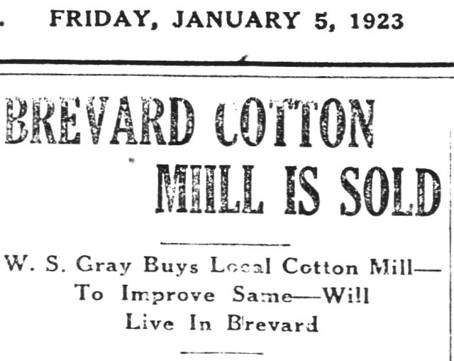 Newspaper Headline: Brevard Cotton Mill is Sold