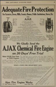 ajax chemical fire engine ad from the Saturday Evening Post, 1909